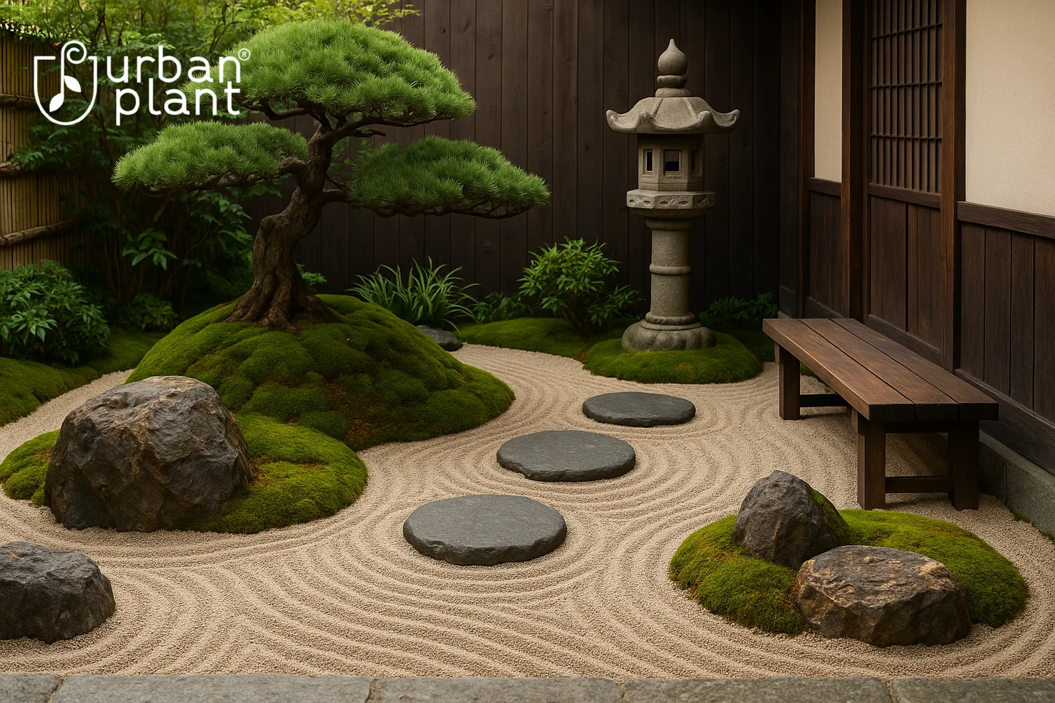 Urban Plant traditional zen garden with bonsai tree, raked gravel, moss, large stones, and a stone lantern showcasing key elements for peaceful home décor